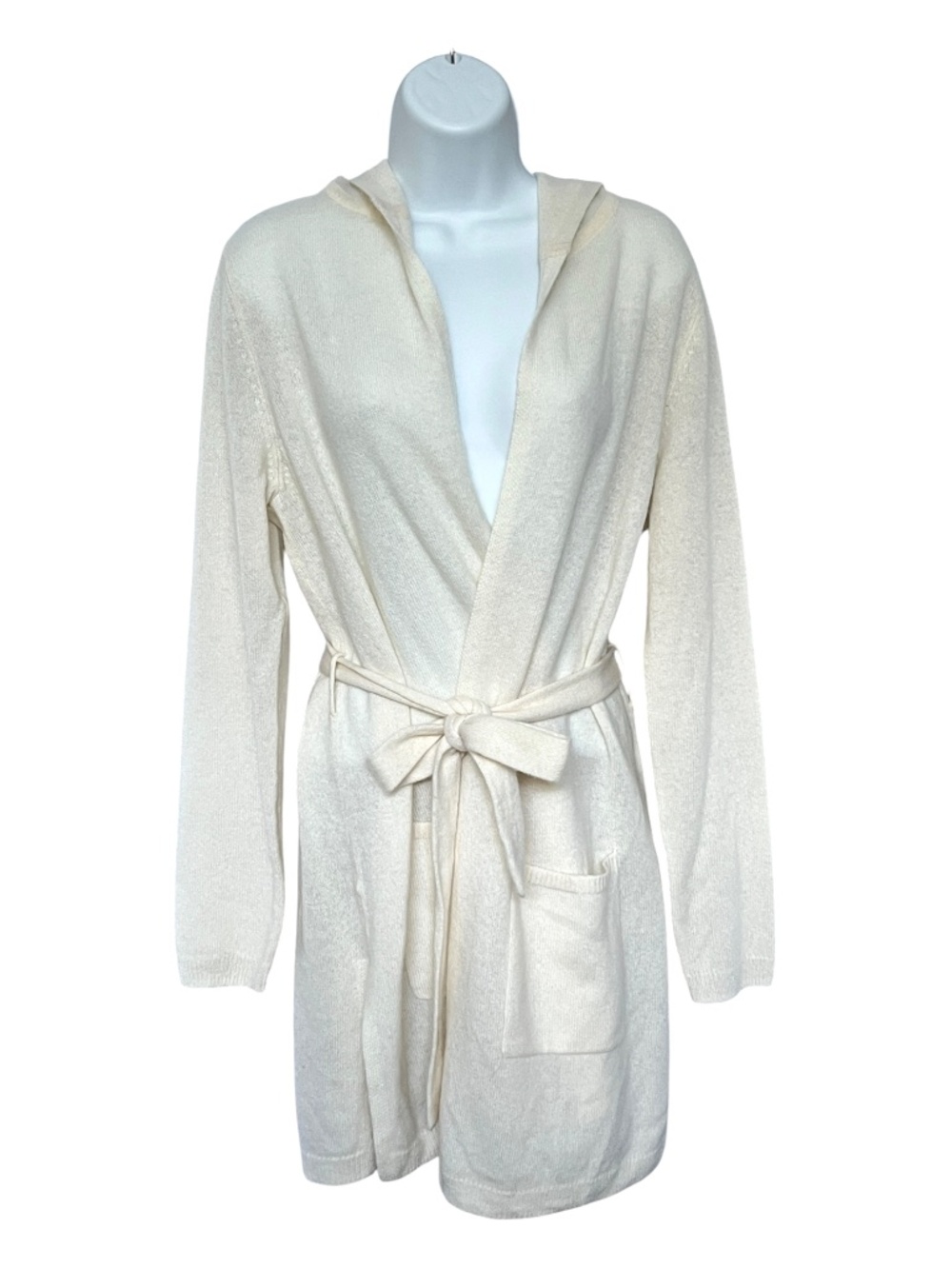 Tahari Sweater 100% Cashmere Cream Wrap w. Belt Size M Cardigan Hood Pockets